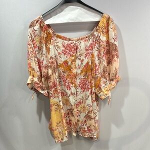 Lauren Conrad Floral Blouse 2X Puffy Tie Sleeve Summer